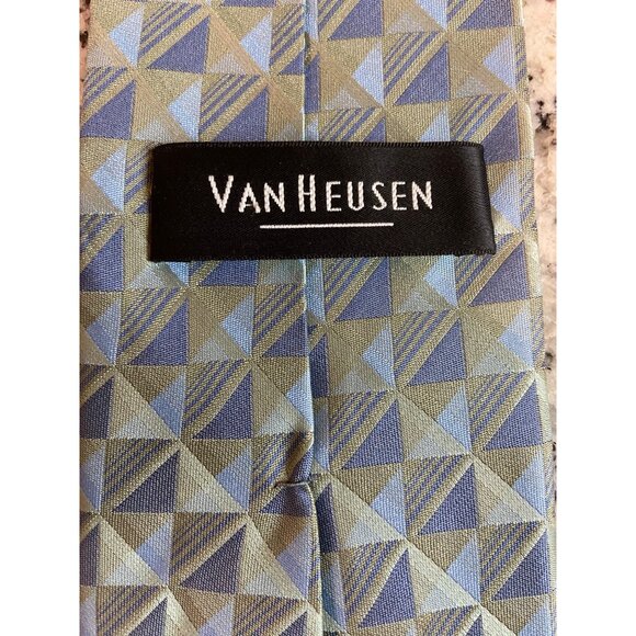 Van Heusen Mens Silk Neck Tie Blue Tan Square Geometric Work Dad Gift - Picture 6 of 6